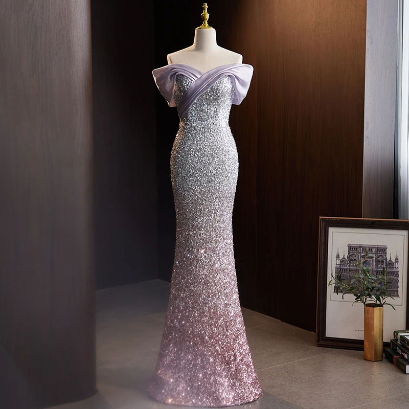 

One-oulder Fi-Tail Evening Gown Women's Slim Fit Sexy Summer Ball Dr Glittering High-End Luxury Sensation Celebri