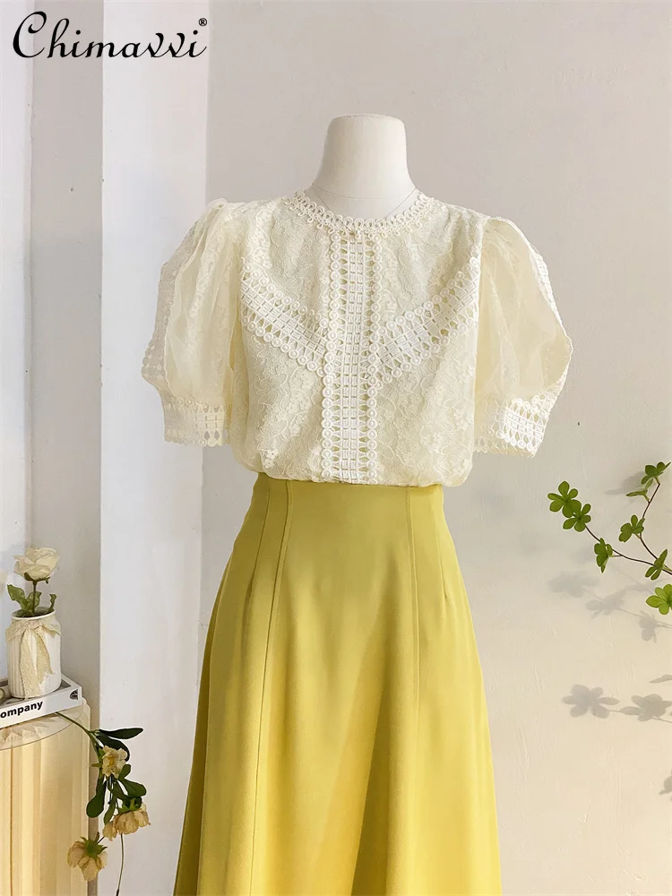 

2024 Korean Style Temperament Commute Gentle Lace Lacework round-Neck Puff Short Sleeve Shirt T-shirt Women Summer Pullover Top