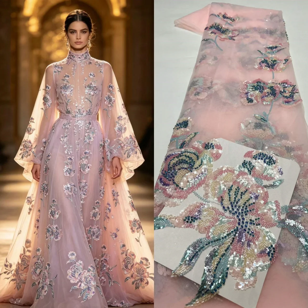 Exquisite ,Multicolor Sequins, Tube, Hexagonal & Crystal Bead Rhinestone Embroidered Lace Fabric for Wedding Evening Dresses