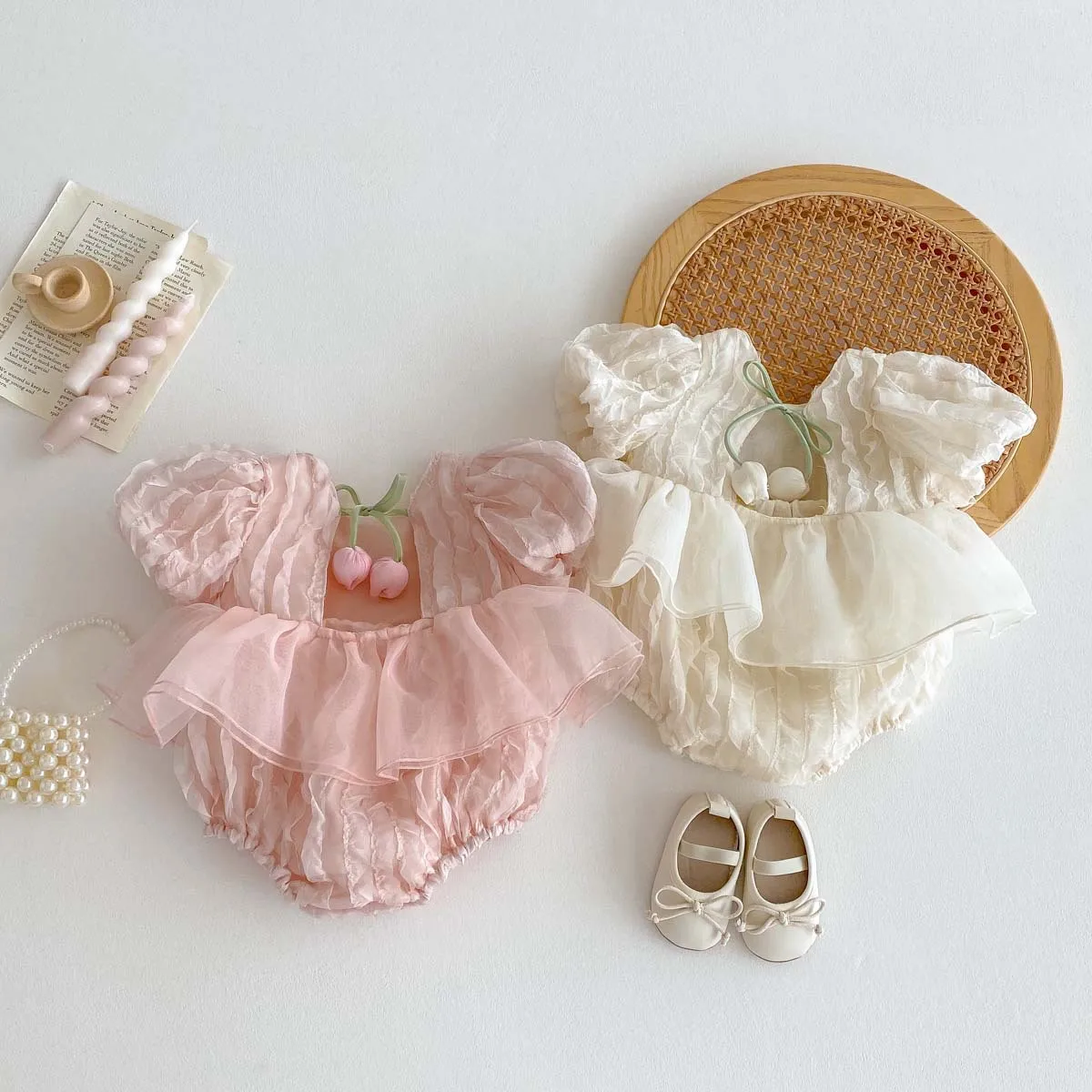 Baby Girl Sweet Tulip Backless Lace Onesie Princess Clothing Children's Summer New Bubble Sleeve Short Sleeved Romper 0-2T