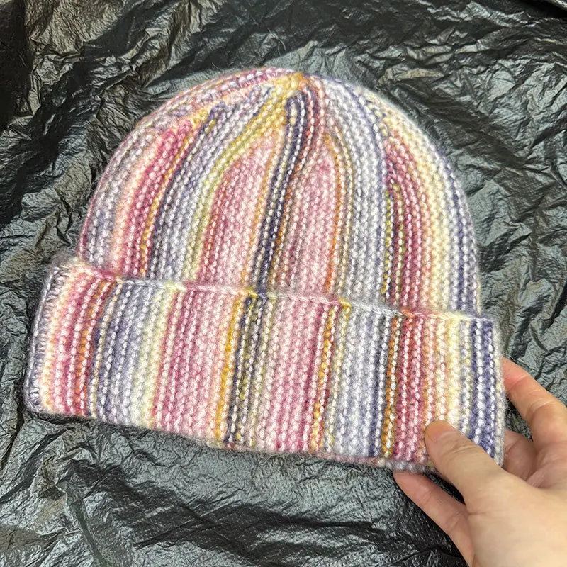 Japanische gestreifte, farbblockierte, verdickte Strickmütze für Männer und Frauen im Winter, Outdoor-Ohrenschutz, warme Skull-Beanie-Mützen. – Detail 5