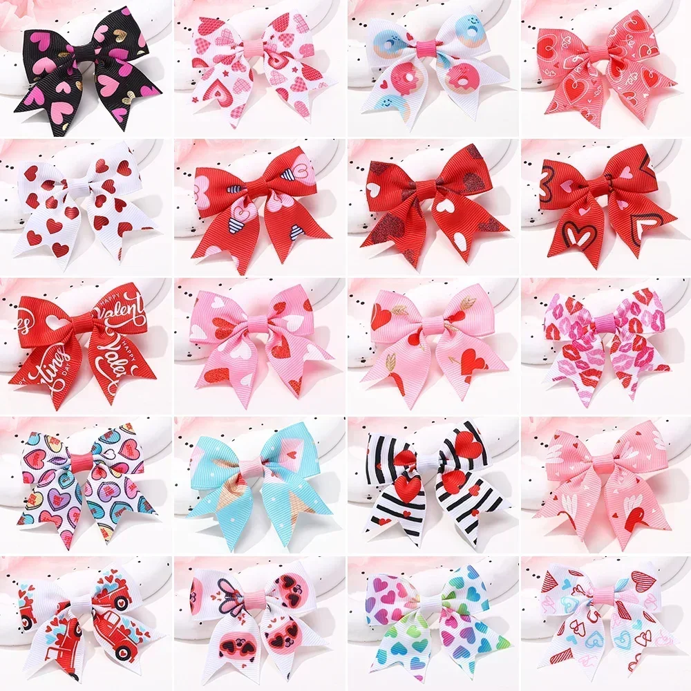 

2Pcs/set Valentine's Day Printed Bow Hairclips for Girls Children Ribbon Hair Bows Clip Cheer Up Holiday Gifts Hair Accessories