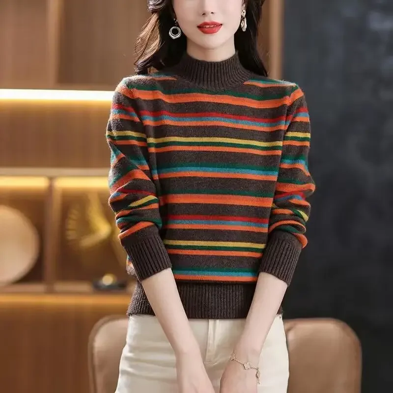 Lion Mountain Rainbow Winter Women's New Half High Collar Long Sleeve Striped Sweater Colored and Velvet Fit Comfortable Top B18