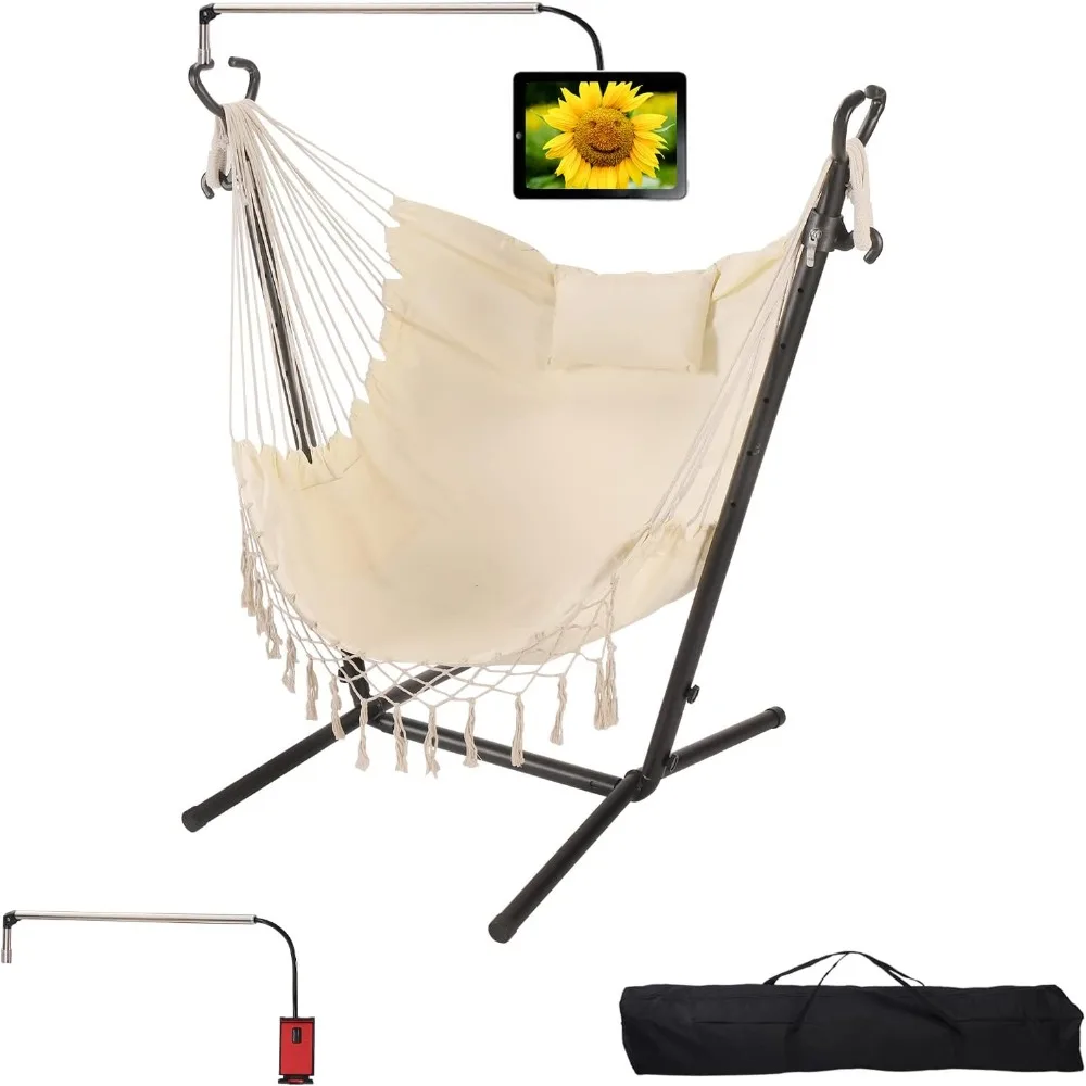 

Hammock with Stand Phone Holder Included Double Hanging Chair Macrame Boho Handmade Adjustable Swing Indoor Outdoor