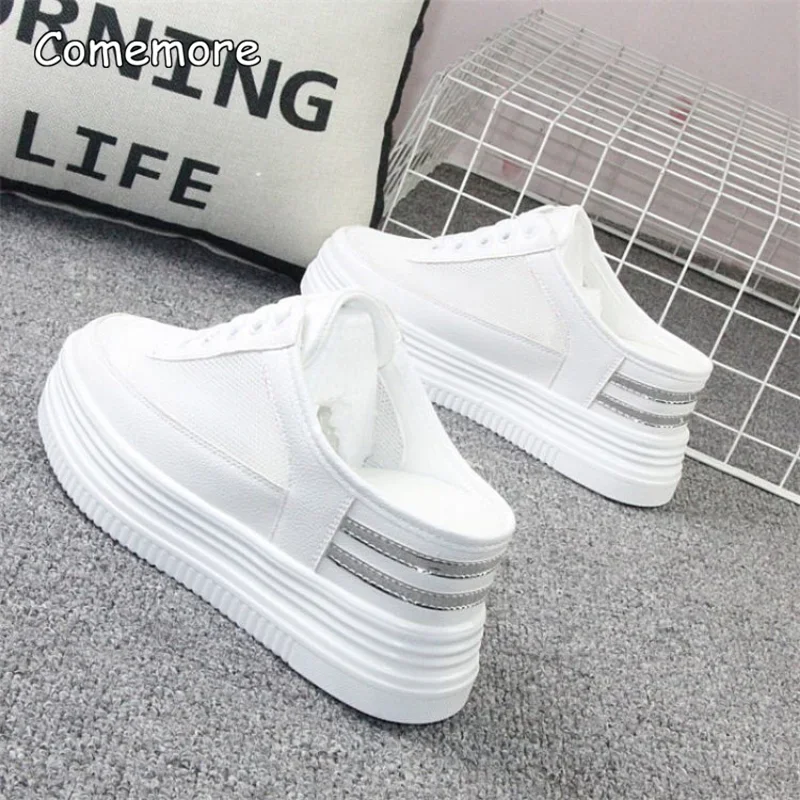 Comemore Women\'s Summer Sneakers Slippers Hollow Breathable Thick Bottom Half Slippers Platform Wedge Heel Shoes Slides Women 39