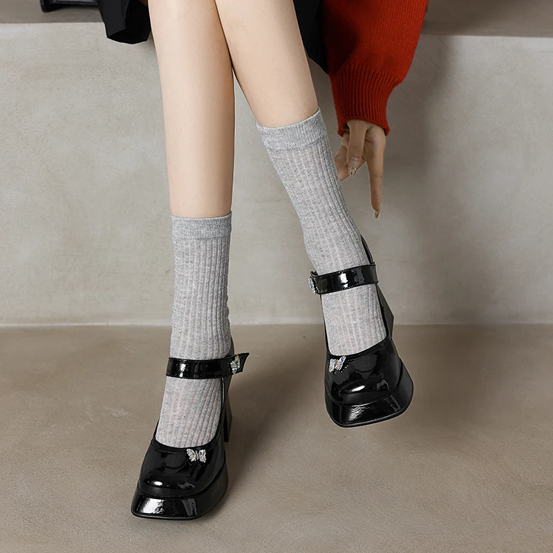 جلد طبيعي مصنوع يدويًا (جلد الماشية المطلي) حذاء نسائي بكعب عالي معدني على شكل فراشة مجوهرات أحذية ماري جينس للحفلات #4