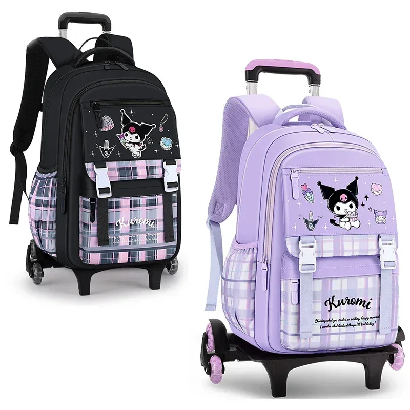 Miniso KT Kuromi Cinnamoroll Girls Trolley Schoolbag Pupil Cartoon Wheeled Backpack Elementary Student 6 Wheels School Bags Gift