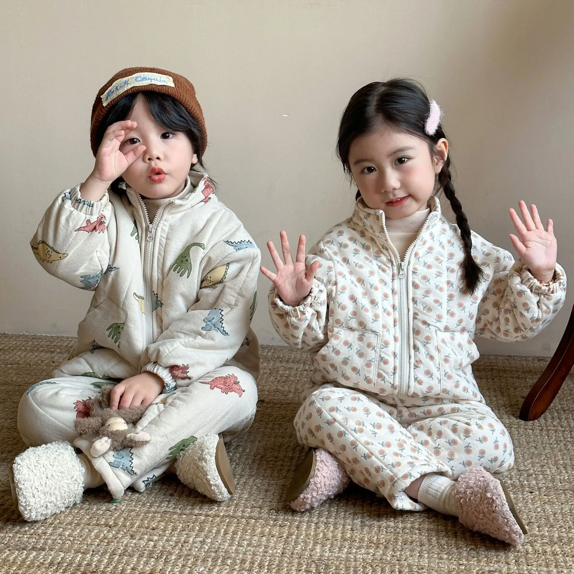Cartoon Thick Warm Children's Sets Autumn Winter Warm Plush Lining Kids Hooded Jacket And Pants For Boys And Girls Sets