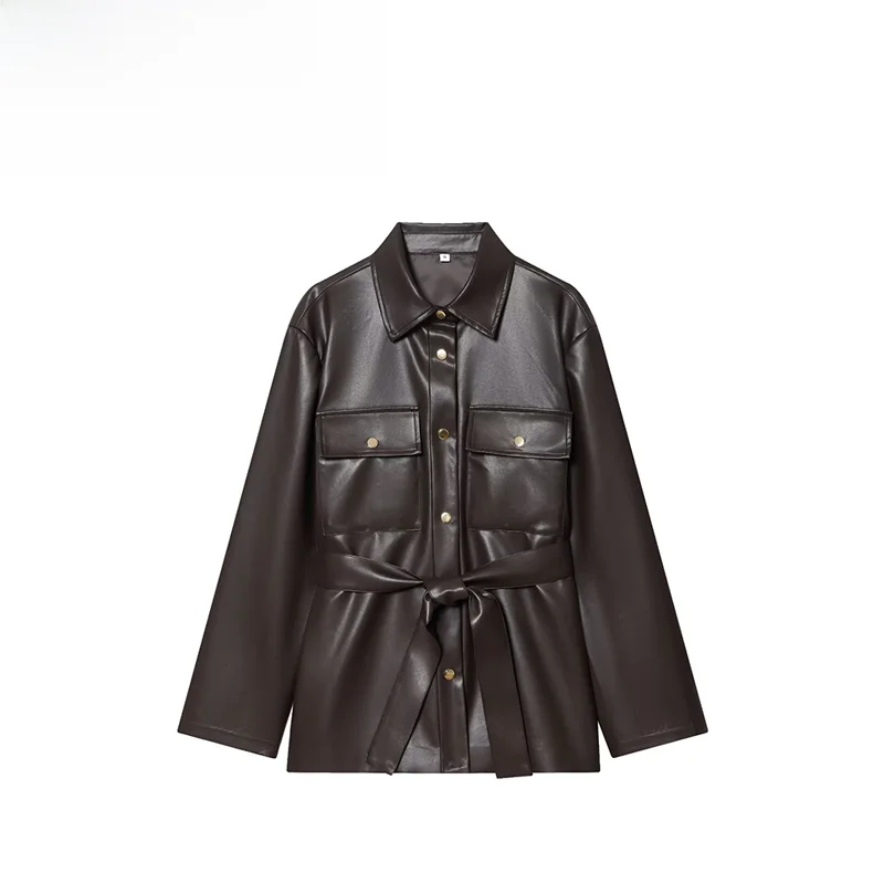 เสื้อคลุมยาวแฟชั่นสำหรับผู้หญิง ดีไซน์เรียบง่ายอเนกประสงค์ สไตล์ฤดูใบไม้ร่วง รุ่นใหม่ล่าสุด ผลิตจากหนังสังเคราะห์ สำหรับสาวไซส์กลาง...