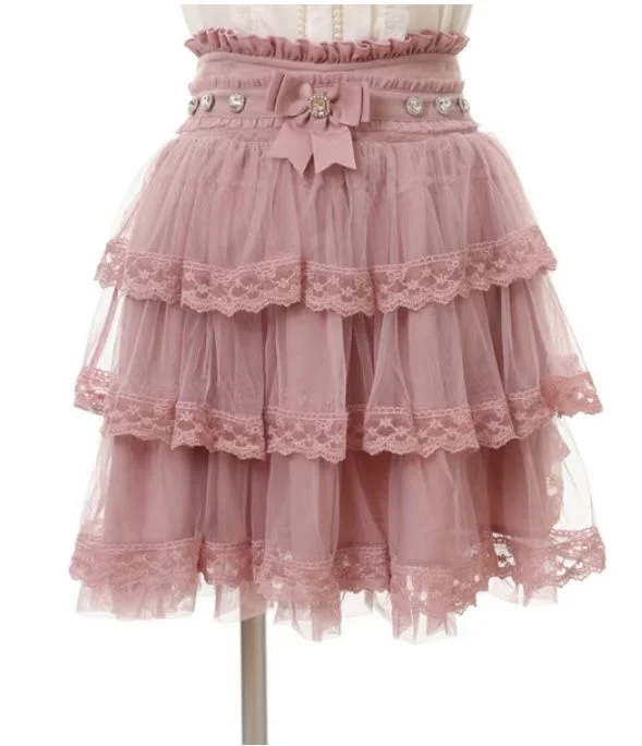 

Japanese Cake Skirts Liz Mine Bow Black Skirt 2024 New Summer Sweet Girl Women's Rhienstone Beaded Lace Short Tulle Skirt Lolita