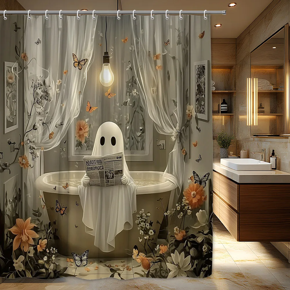 Vintage Gothic Shower Curtain Polyester Fiber, Featuring Floral, Butterfly and Eerie Newspaper Patterns for Halloween Decor
