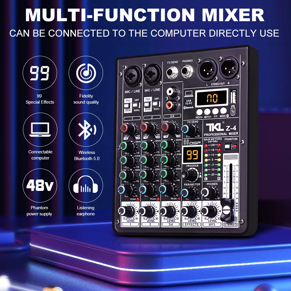 TKL Z4 4 Channel 99 DSP Audio Mixer 48V Phantom Power USB Studio Sound Mixers Bluetooth DJ Console Mixing for Karaok