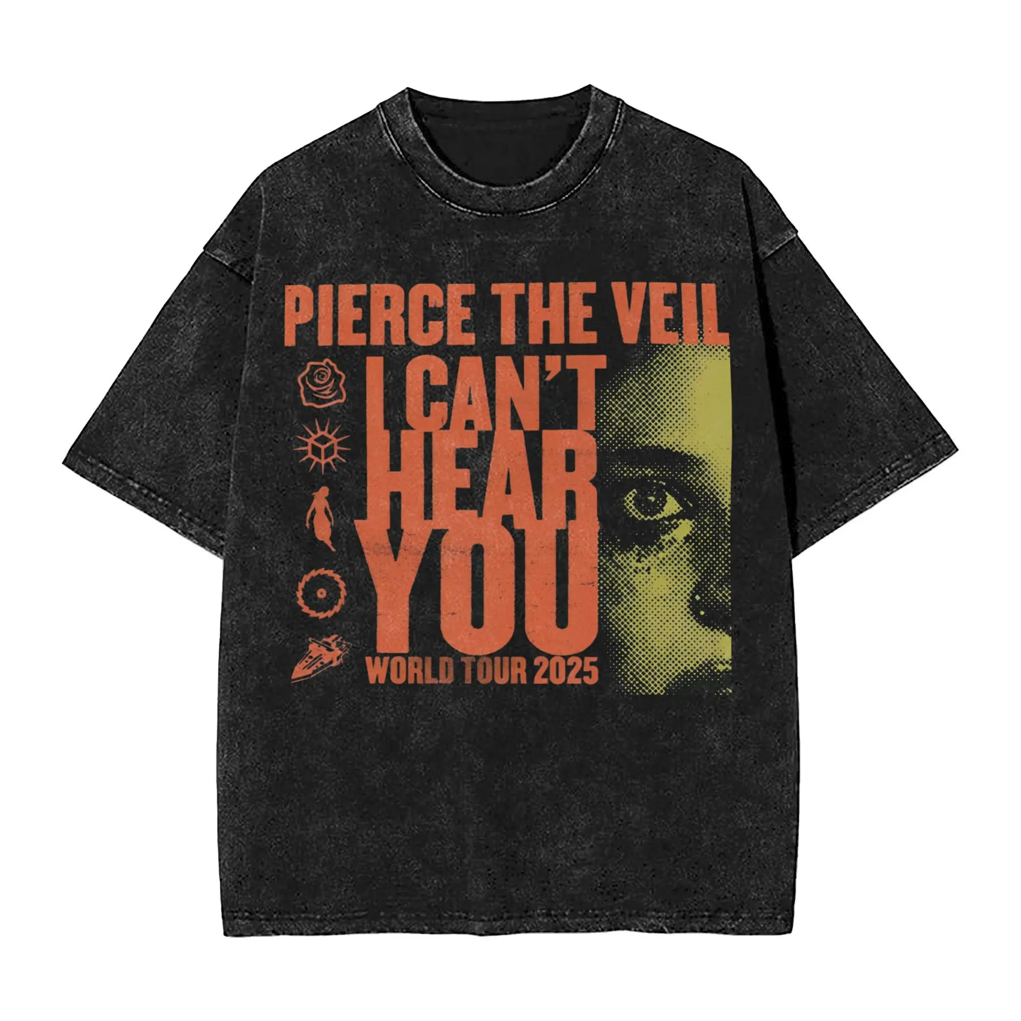 Pierce The Veil I Can' Hear You World Tour T Shirt Hip Hop Washed   Oversize T-Shirts  Novelty Men Women Streetwear Tops Tees