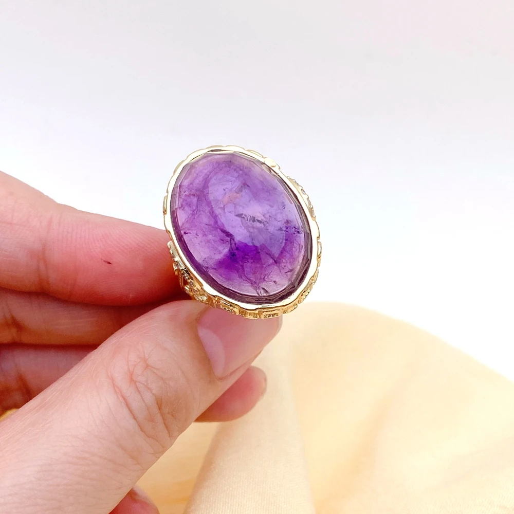 5 PCS Big 23x29mm natural faceted oval  Gold Plated edged Purple quartz Party Ring Size Adjustable