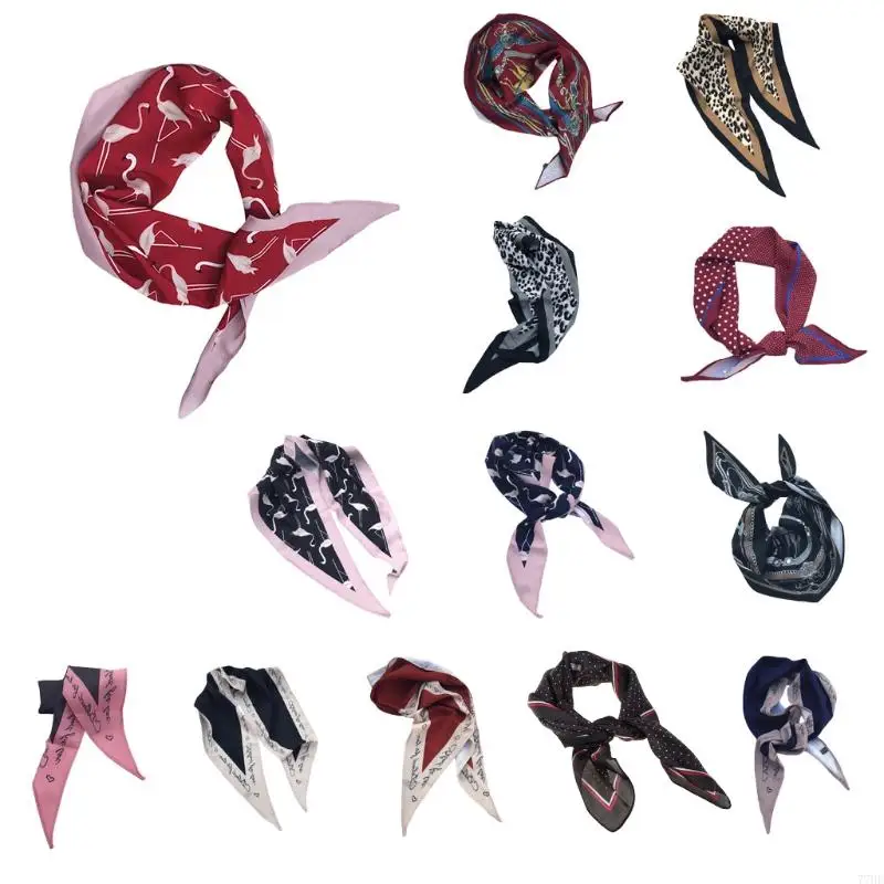 77HE Summer Silk Feeling Hair Scarves For Women Printed for Head Scarfs Short Neck
