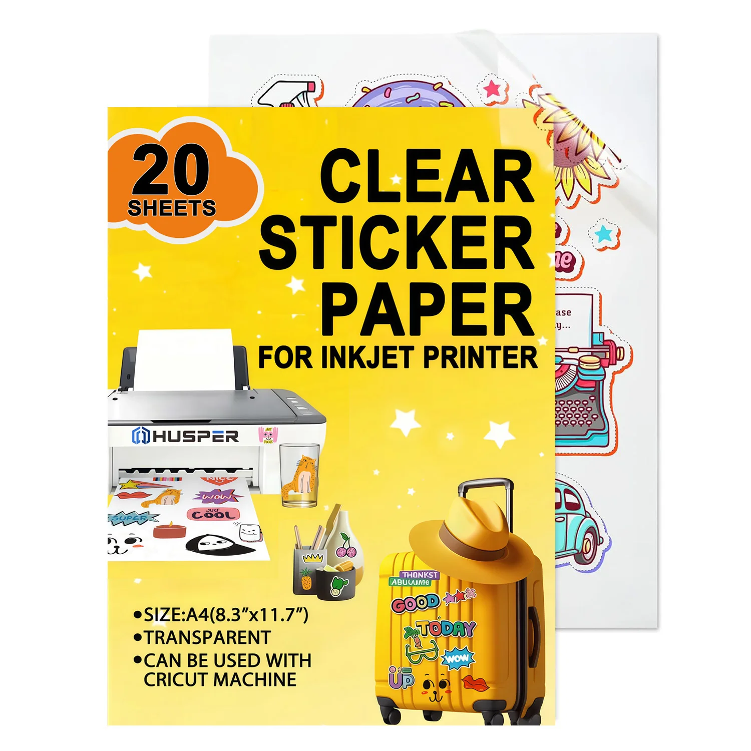 HUSPER Clear Vinyl Sticker Paper for Inkjet Printers, Transparent Glossy Printable Label Paper, A4 Size 8.3' X 11.7' (20 Sheets)
