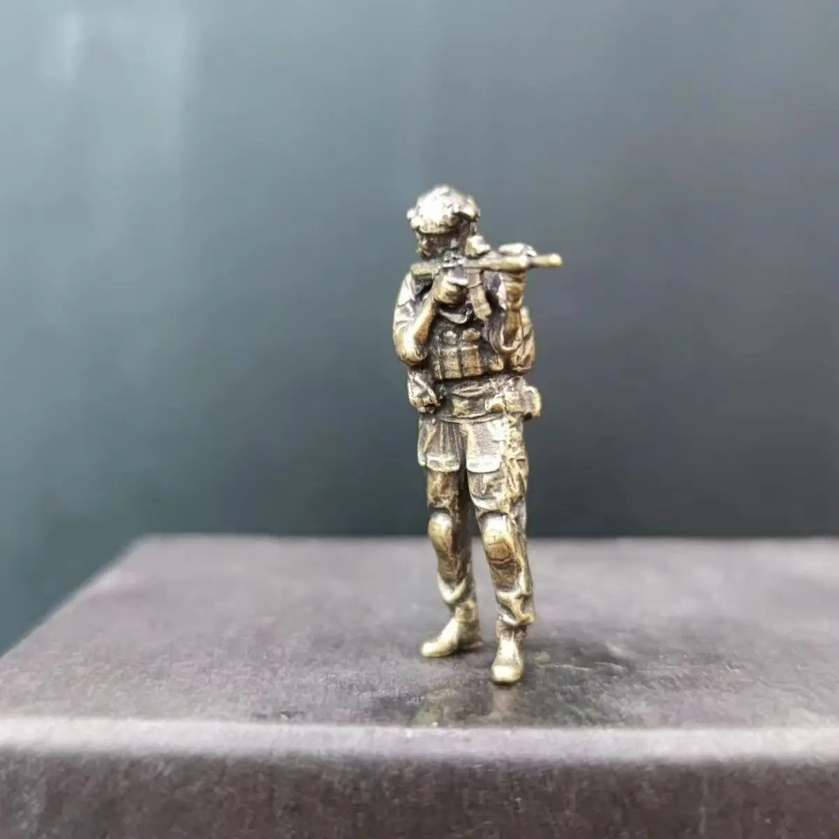 Solid Brass  Miniature Figures - Combat Pose Soldier, Modern Military Scene Collectible for Desk Decor & Shelf Display