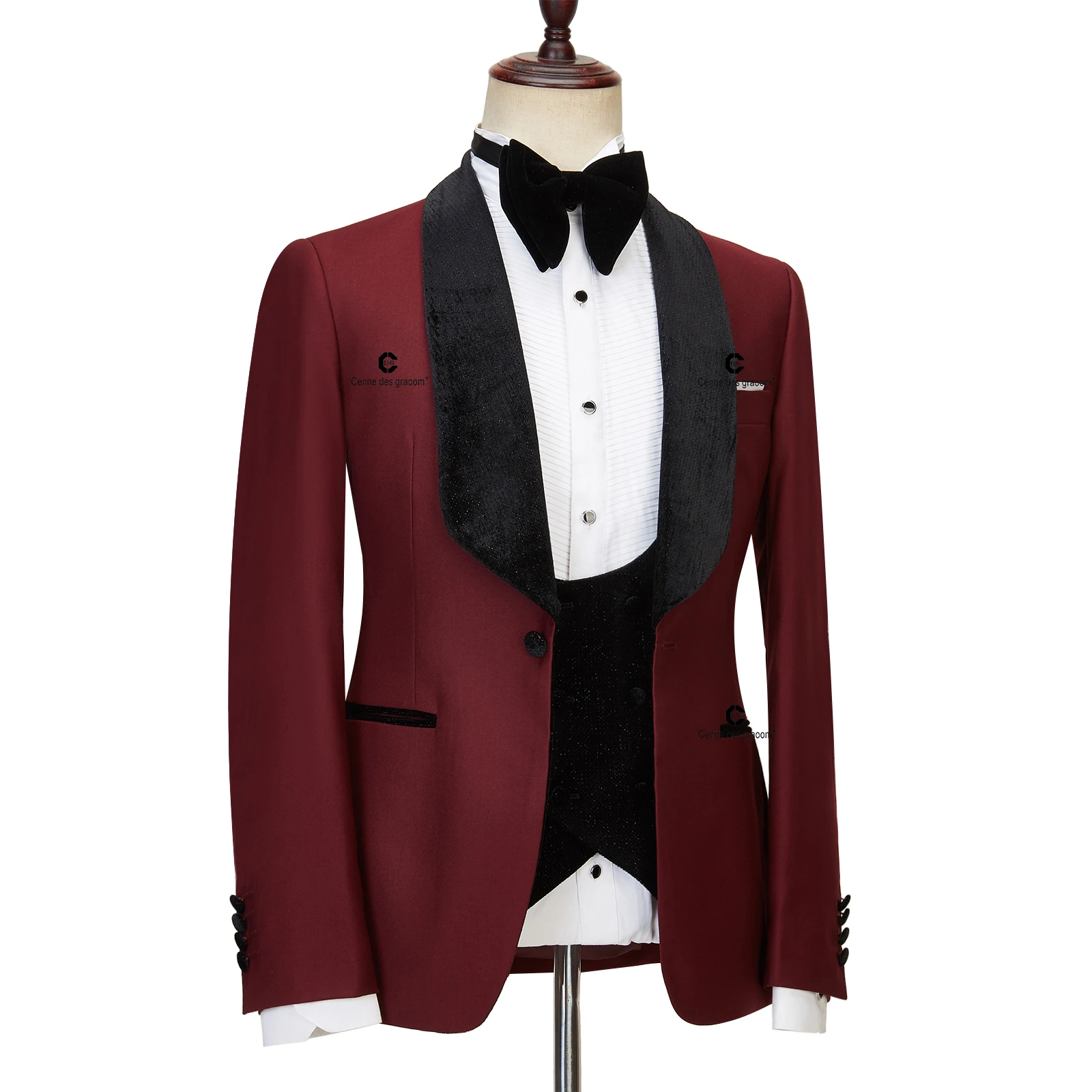 Cenne Des Graoom 2023 New Design Black and Maroon Shiny Velvet Lapel Suits for Men Wedding Party Groom Blazer Vest Pants 3 Pcs