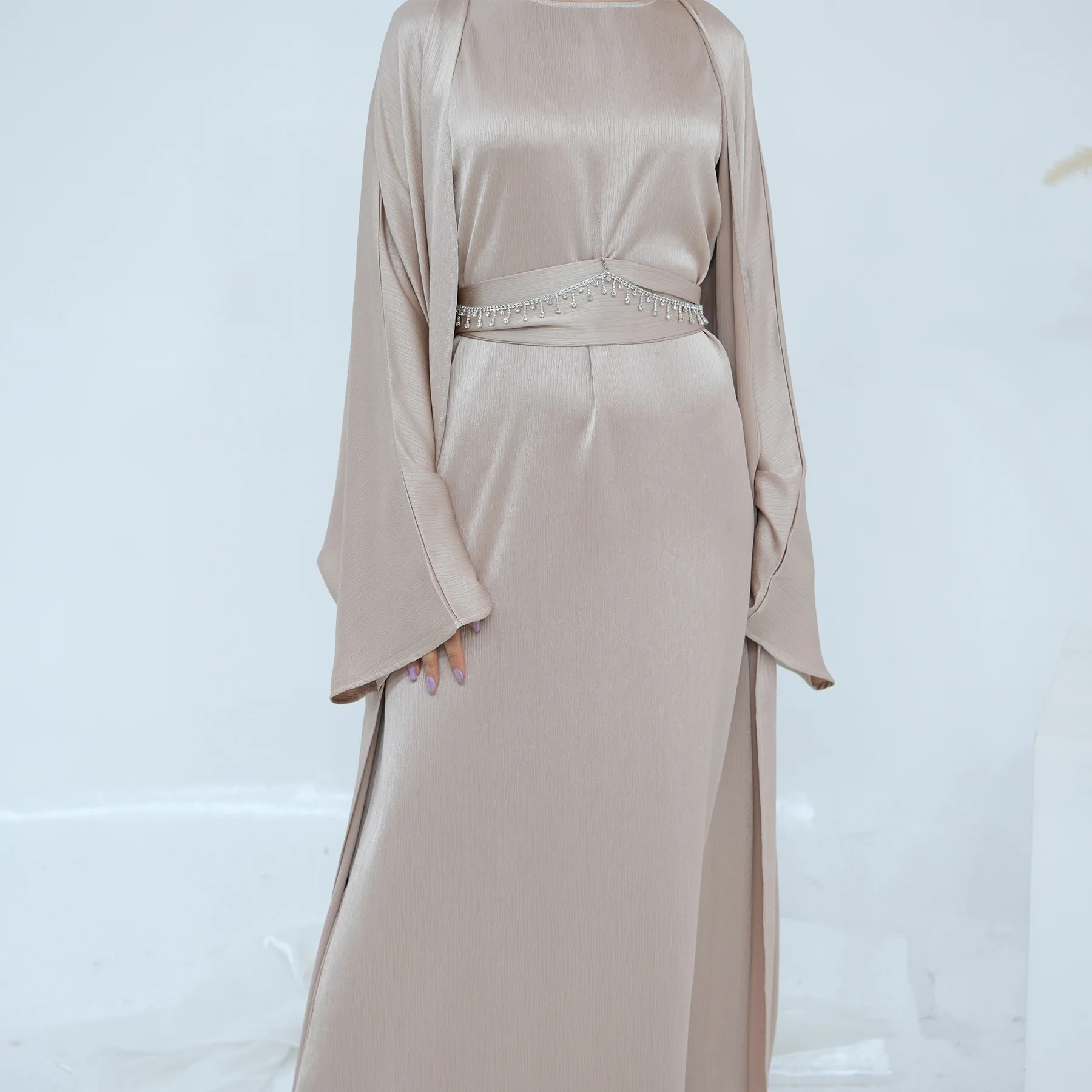 Conjunto de 2 piezas a juego Abaya abierto liso musulmán mujeres cárdigan vestido interior traje Dubai Kaftan árabe islámico bata Ramadán Kimono vestido