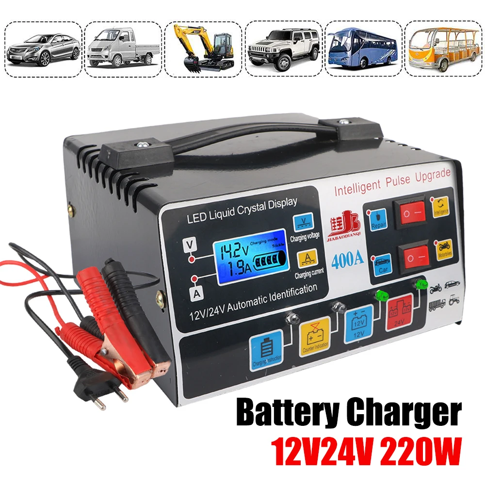 

LCD Display Car Battery Charger 12V/24V 220W Pulse Repair EU Plug High Power Fully Automatic For SUV Truck Boat Motorcycle
