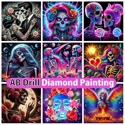 Loving Skull 5D Diy AB Diamond Painting Skeleton Sea of Flowers Cross Stitch Kit Embroidery Diamond Mosaic Home Hallowen Decor