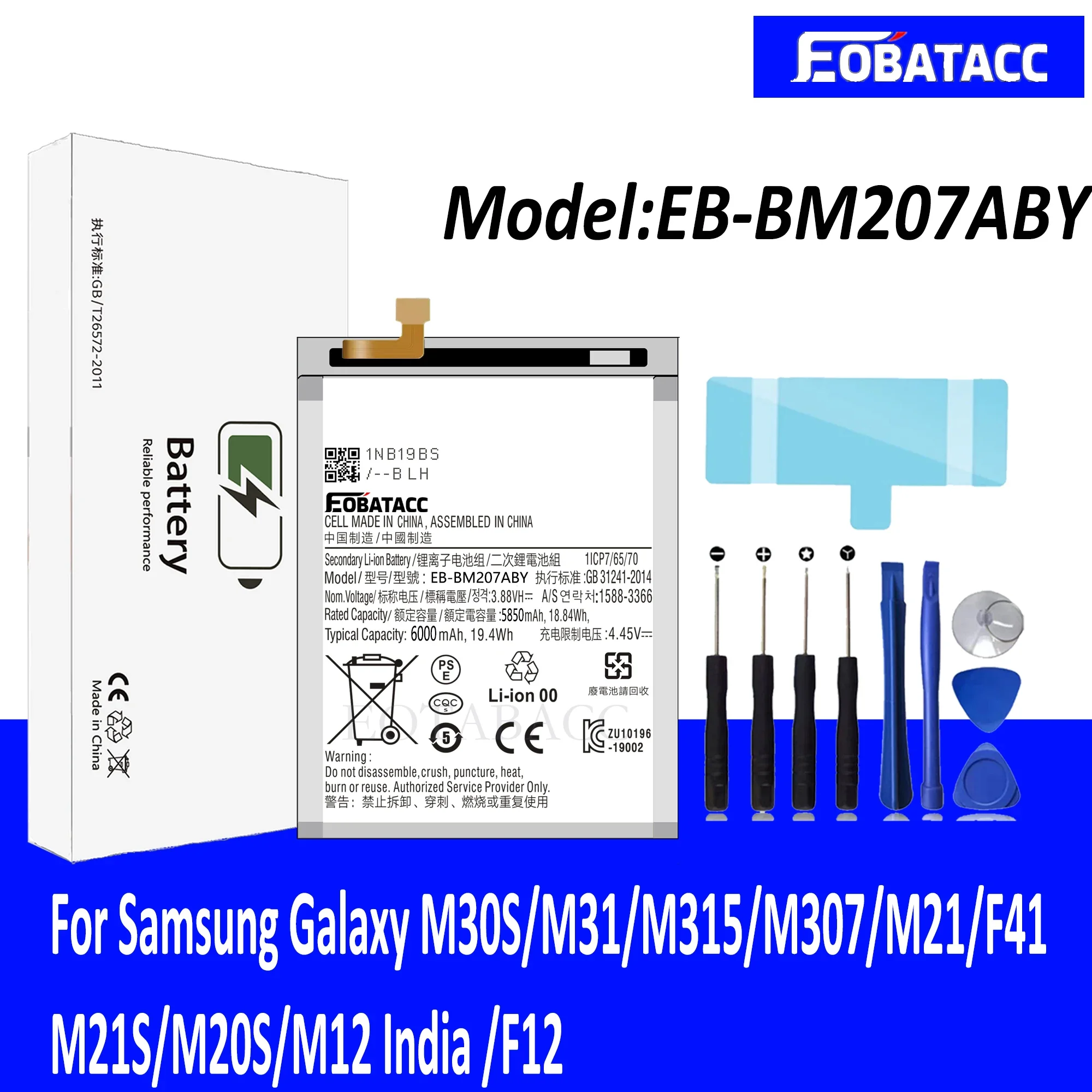 

EOTABACC 100% New Original Battery EB-BM207ABY For Samsung M30S/M31/M315/M307/M21/F41/M21S/M20S/M12/F12 Battery +Tools