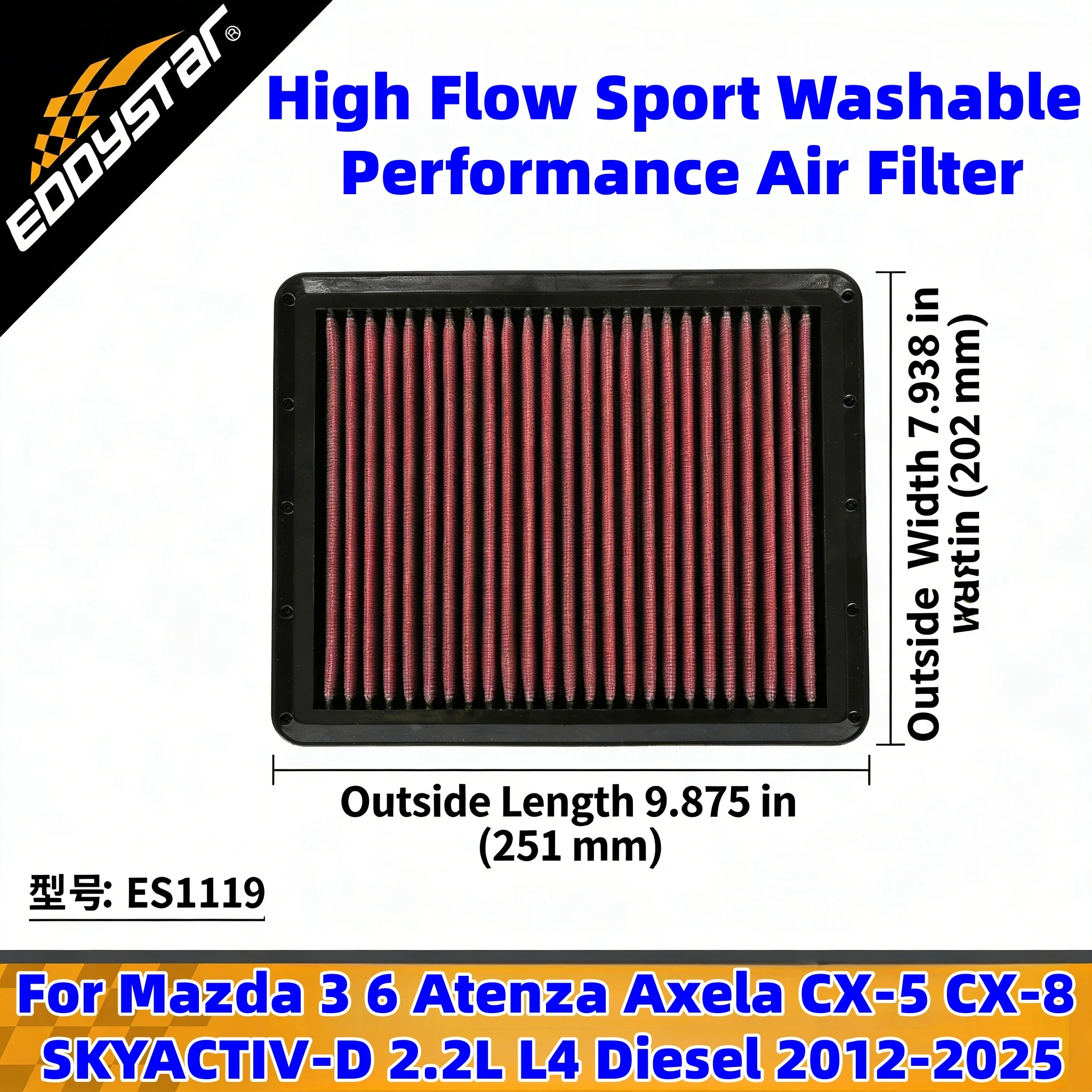 

For Mazda 3 6 Atenza Axela CX-5 CX-8 SKYACTIV-D 2.2L L4 Diesel 2012-2025 High Flow Sport Washable Performance Air Filter 33-3024