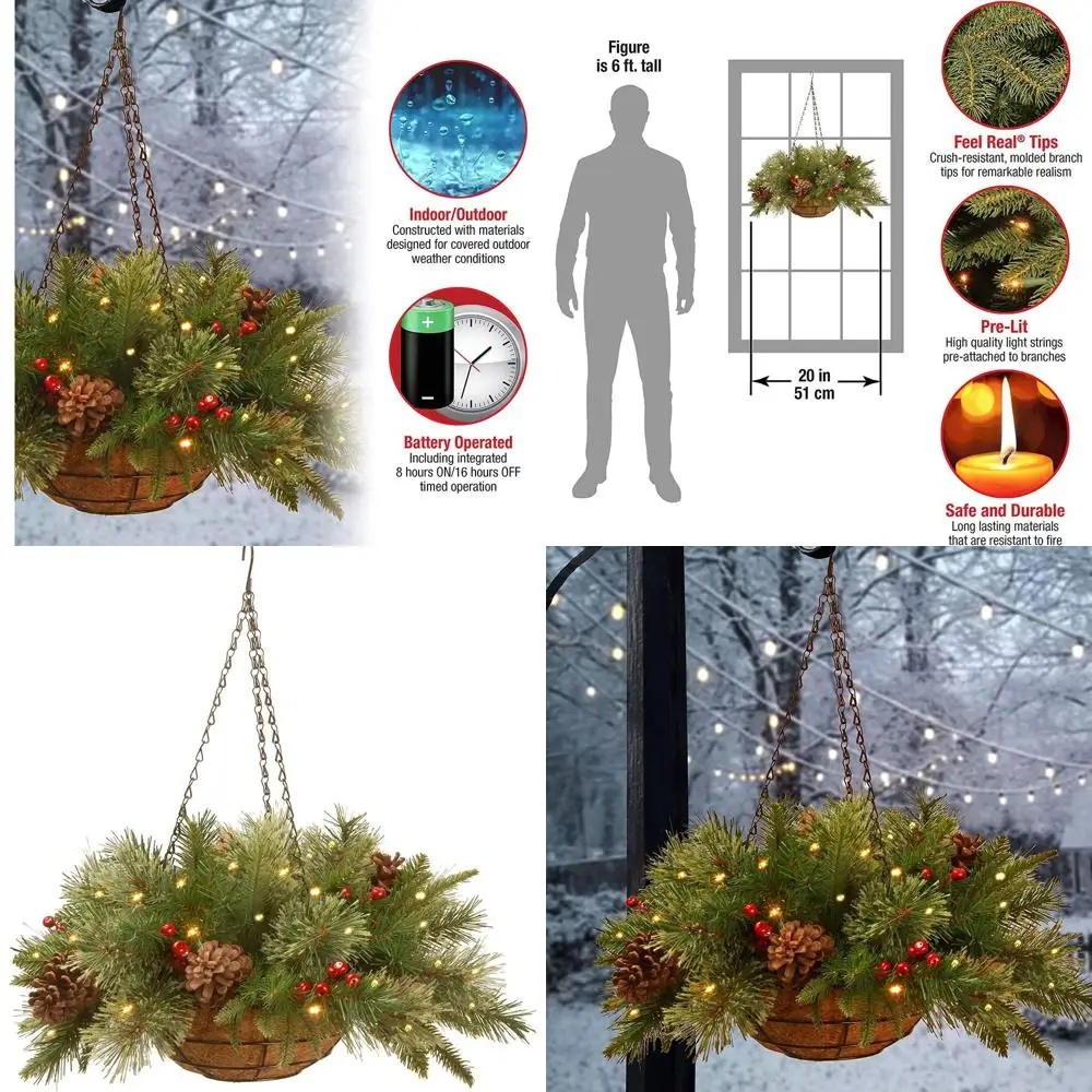 

Искусственная рождественская подвесная корзина National Tree Company, 50 см, с подсветкой, в колониальном стиле, с пионами и красными ягодами, для украшения на Рождество