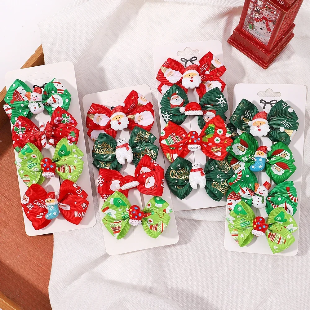 4Pcs Children\'s Christmas Hair Accessories Hairpin Set Cartoon Santa Claus Style Bowknot Hairclip for Girl Party Cheer Headwear