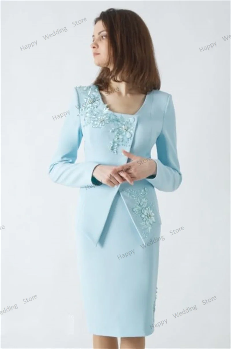 Light Blue Women Suits Skirt Set For Wedding  2 Pieces Blazer+Short Prom Dress Jacket Appliqued Beads Formal Mother Guest Gown