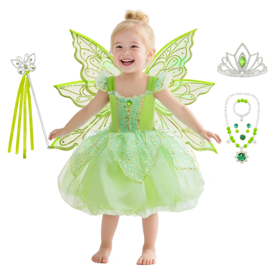

Tinker Bell Girl Elf Costume Children Vest Style Puffed Gauze Dress + Magic Stick Set Halloween Costume Girls Casual Clothing