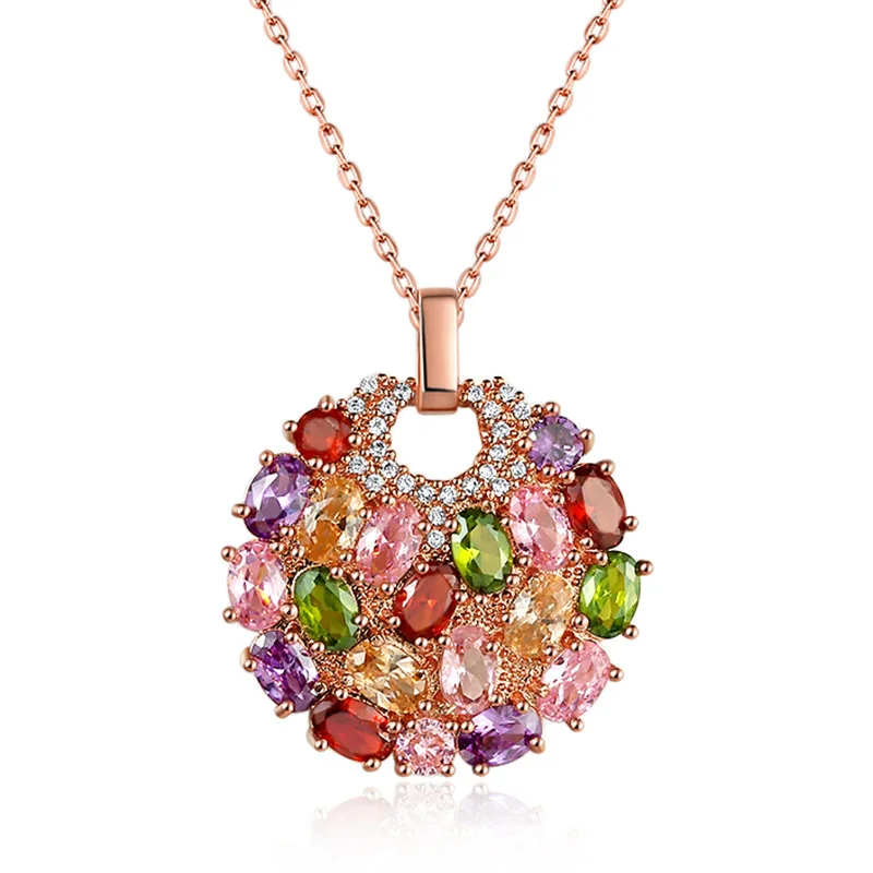 

rainbow crystal necklace Oval Stone Necklaces For Women Vintage Rose Gold Color Chain Jewelry Engagement Gifts