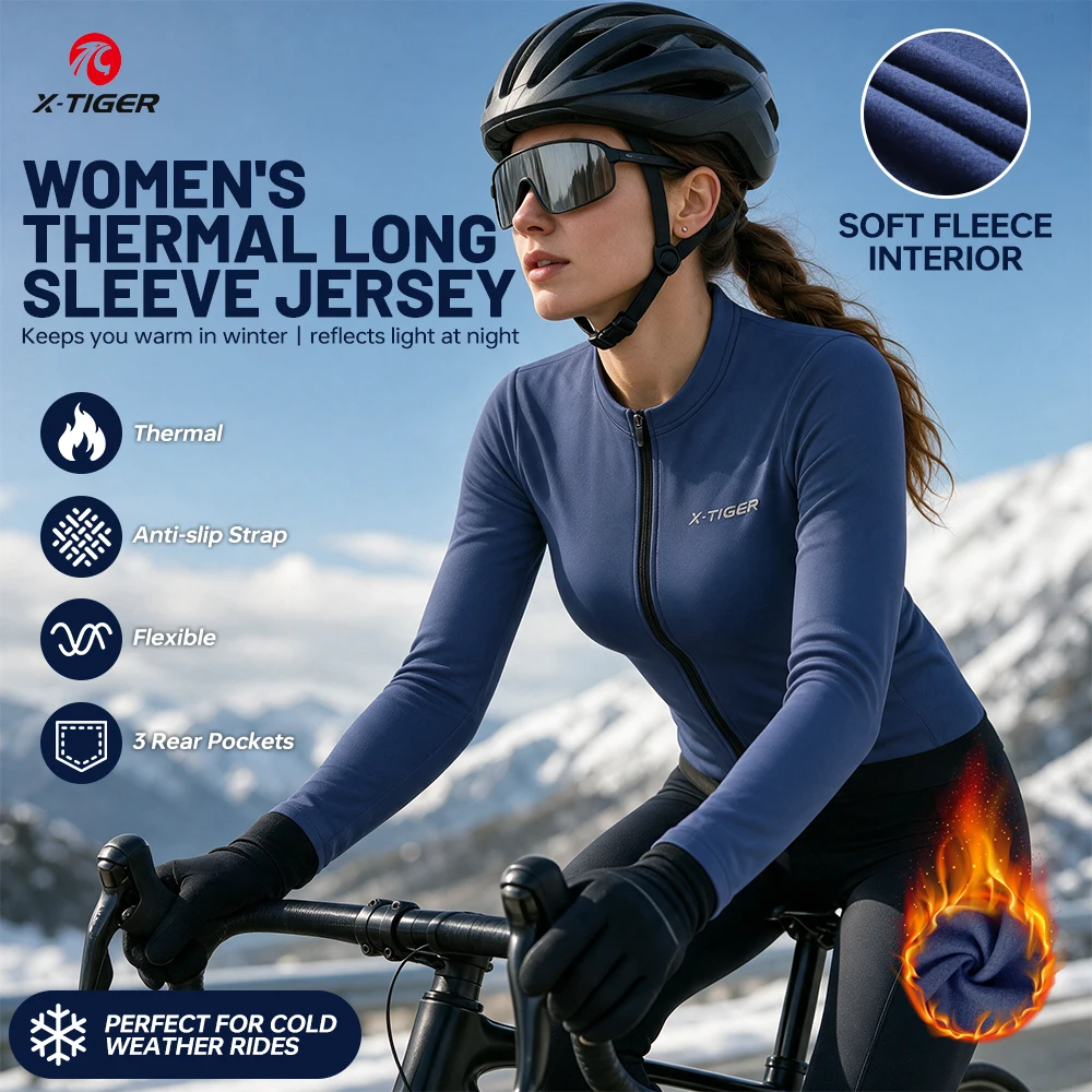 X-TIGER Winter Woman's Cycling Jersey Fleece Warm Long Sleeve  Bike Clothing Windproof Warm Road MTB Bicycle Jersey Reflective
