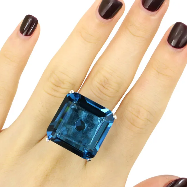 22x22mm Big Square Gemstone Heavy 14.2g London Blue Topaz Woman's Engagement Real 925 Solid Sterling Silver Rings