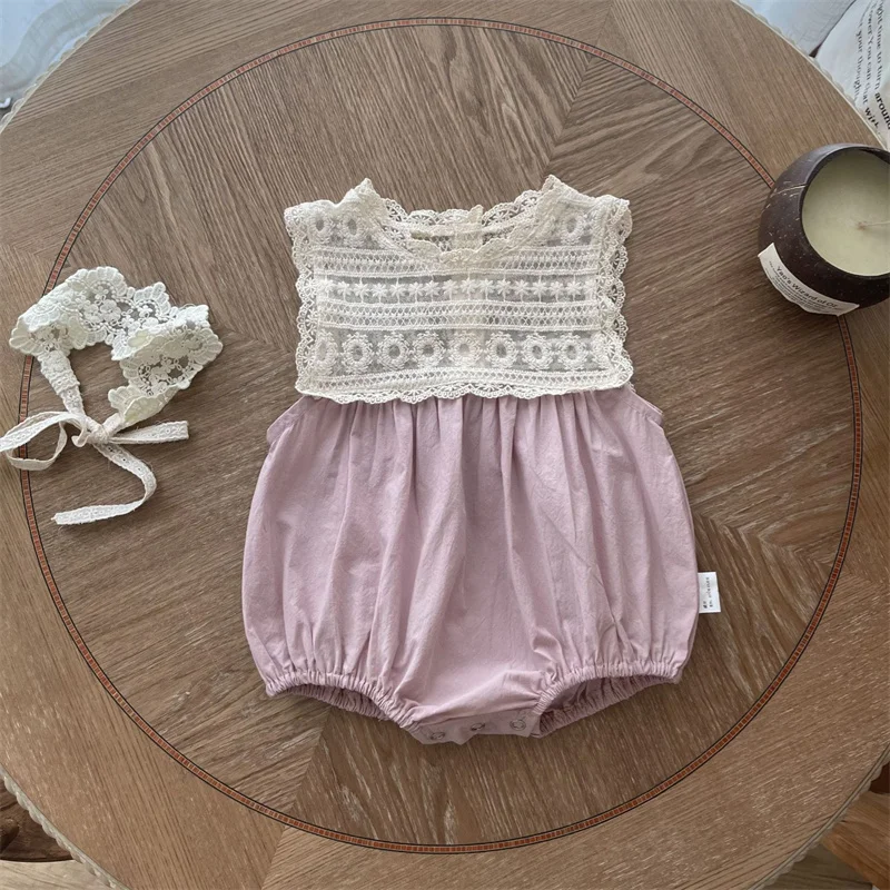 Korean Style Baby Girls Lace Bodysuit 6,12,18,24Months Toddlers Summer Romper Soft Breathable Infant Sleeveless Overalls