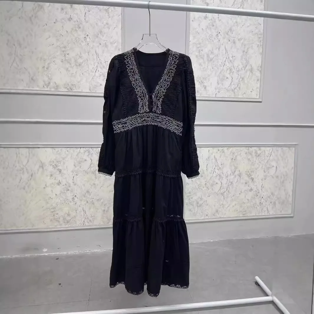 

Slimming Floral Embroidery Hook Cotton Midi Bla Dr Vintage Sle High Waist Bubble Sve Long Sve Women's Dr