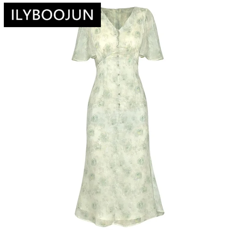 

ILYBOOJUN Summer Fashion Runway Dress Women Elegant Floral Print Sequins Heavy Diamond Button Temperament Fishtail Skirt Dresses