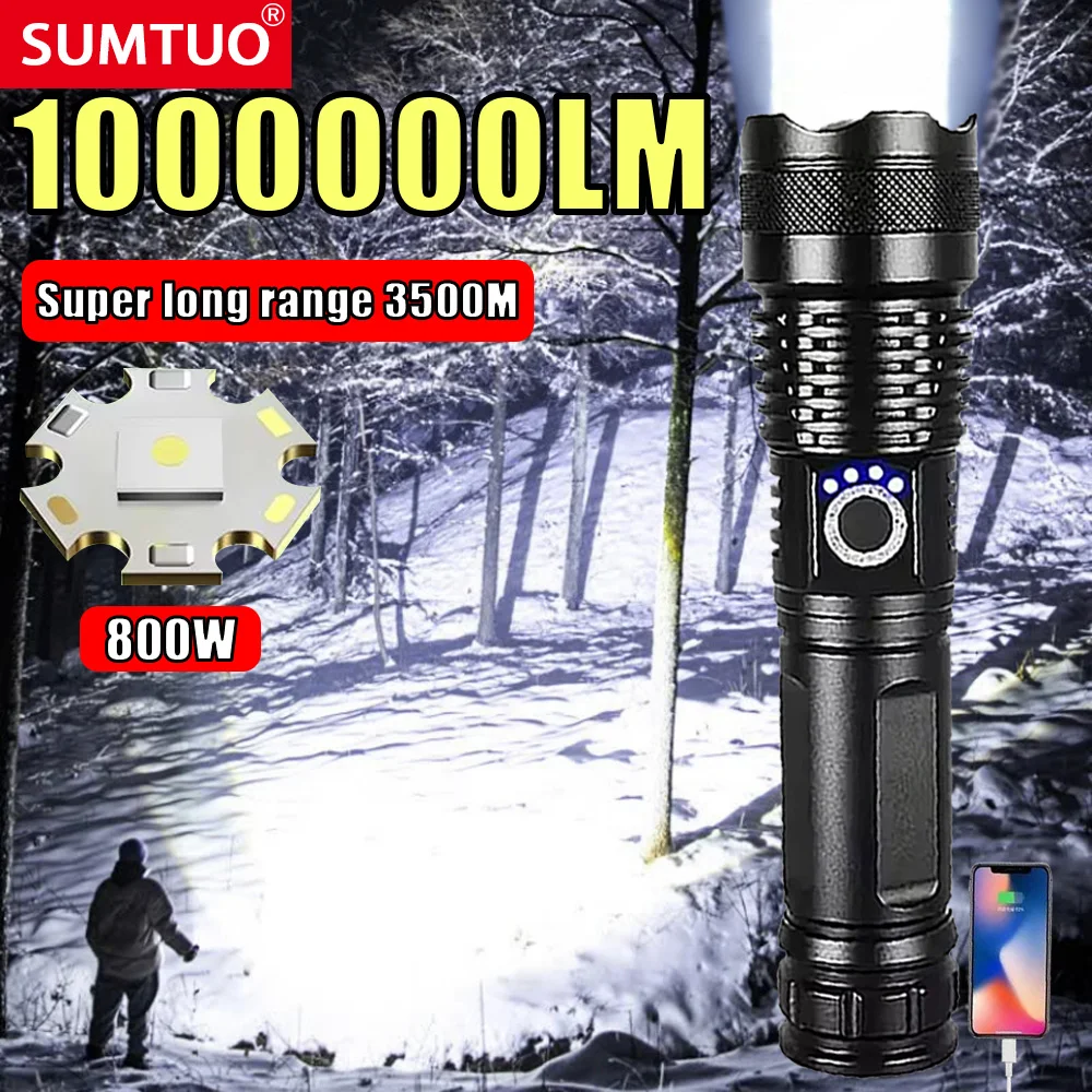 

1000000LM Most Powerful Led Flashlight Rechargeable 800W LED Flashlights High Power Zoom Torch Long Range 3500m Tactical Lantren