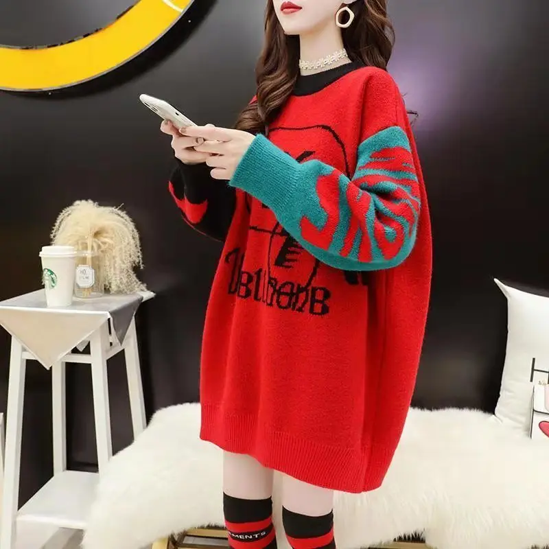 Fashion O-Neck Knitted Spliced Loose Casual Sweaters Female Clothing 2023 Winter New Oversized Korean Pullovers All-match Tops