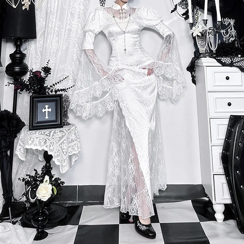 Vintage Gothic Lace Jacquard Fishtail Cheongsam Dress Subculture Long  Sleeve Slim White Dress Aesthetic Y2K Sexy Long Dresses - AliExpress  200000345