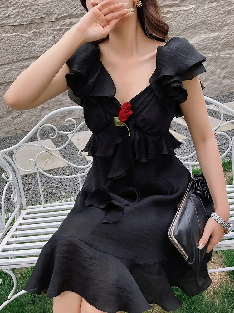 Vestido sólido de verão vestido feminino em camadas com decote em v na altura do joelho saia evasê y2k 2025 novo dabwawa da1bdr026