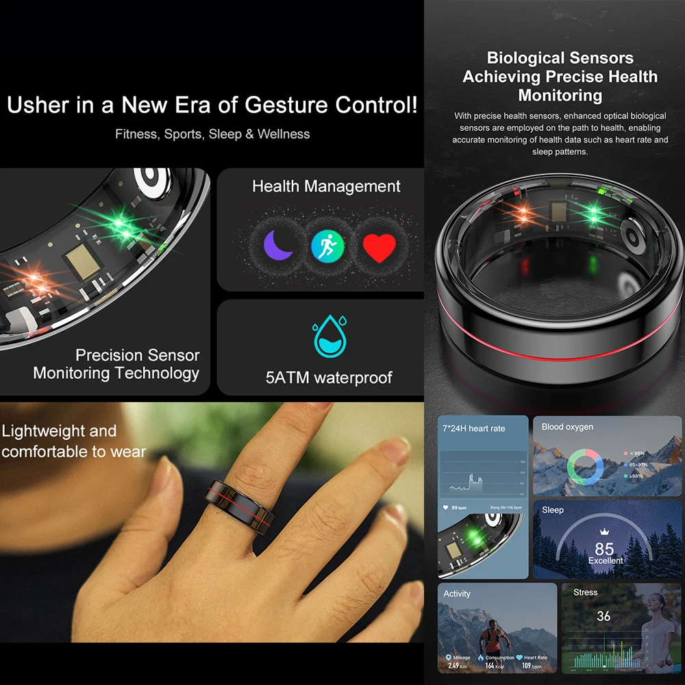 R04 Smart Ring 5ATM Anello da dito intelligente impermeabile in acciaio inossidabile Frequenza cardiaca Ossigeno nel sangue Monitor del sonno Tracker di attività