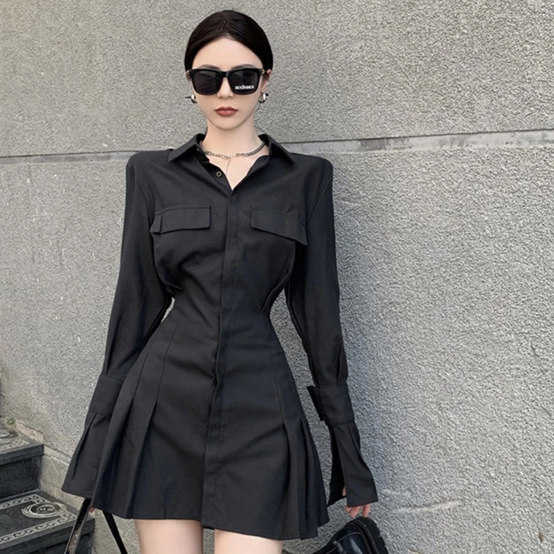 Y2k Black Women Shirts Korean Slim Chic Female Casual Blouse Dress Harajuku Autumn Fashion New Flare Sleeve Ladies Tops