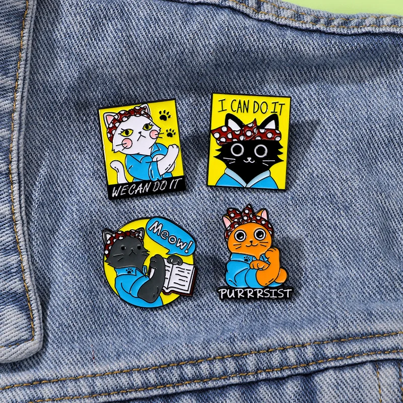 Cute Creative Cat Mom Theme Pins i Can Do It Encourage Power Kitten Enamel Brooches For Pet Lovers Gift Wholesale