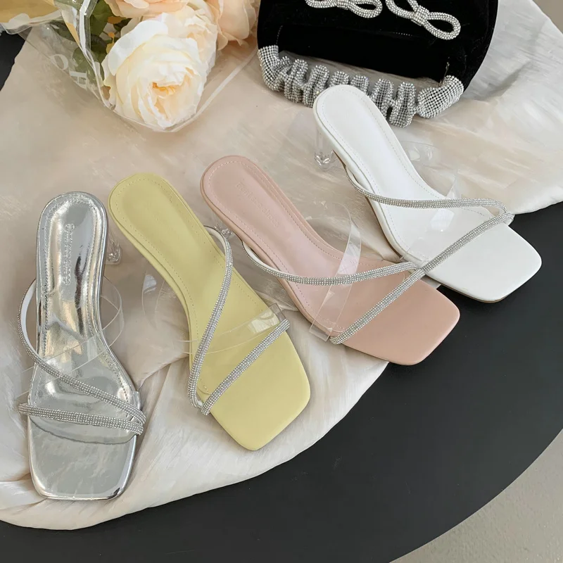

Женские блестящие шлепанцы на среднем каблуке, прозрачные туфли-лодочки из искусственной кожи с квадратным носком, на резиновой подошве, в римском стиле, 2023