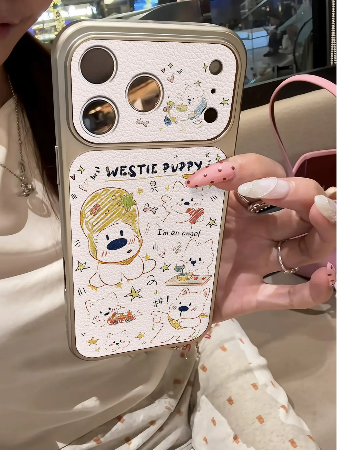 Koreanische Niedliche Welpen-Karo-Imitat 17 Handyhülle für iPhone 13 14 15 16 17 Pro Max 17Pro, Galvanisierter Stoßfänger, Stoßfeste Lederhülle – Detail 6