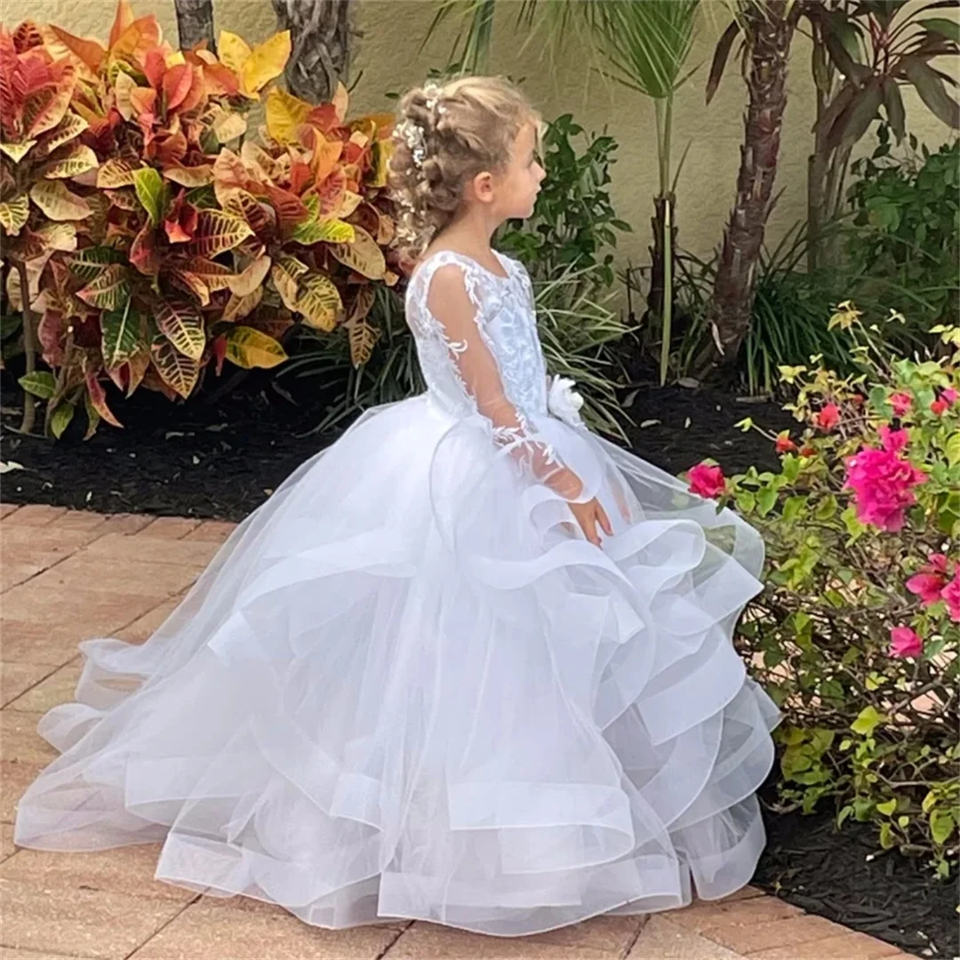 Flower Girl Dresses White Tulle Puffy Tiered Appliques Sequin Long Sleeve For Wedding Birthday First Communion Gowns