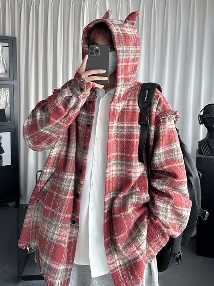 

Advanced Demon Hat Jaet Men's Spring Autumn Plaid Couple's Trendy Coat Youth ular Loose Fit Anti-Wind Long Sve