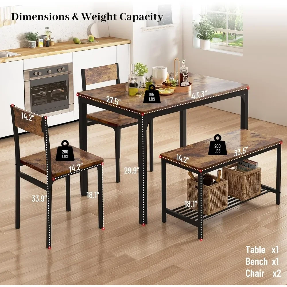 Dining Table Set for 4, Small Kitchen Table and Chairs for Space Saving, 1 Bench with Storage and 2 Chairs with Backrest