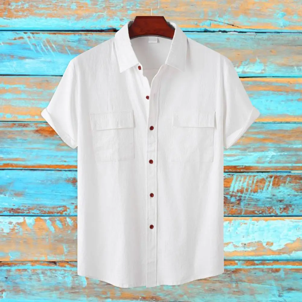 Cotton Linen Solid White Shirts for Men Summer Double Pocket Short Sleeve Casual Shirt Mens Business Holiday Breathable Camisas